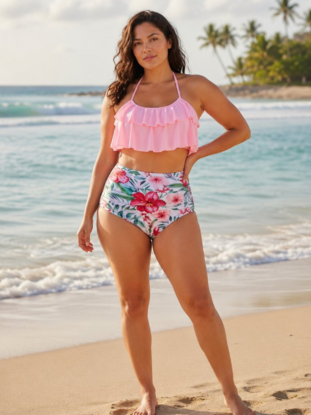 Plus Size 2XL Pink Layered Halter Swimsuit Floral High Waisted Ruched Bottom